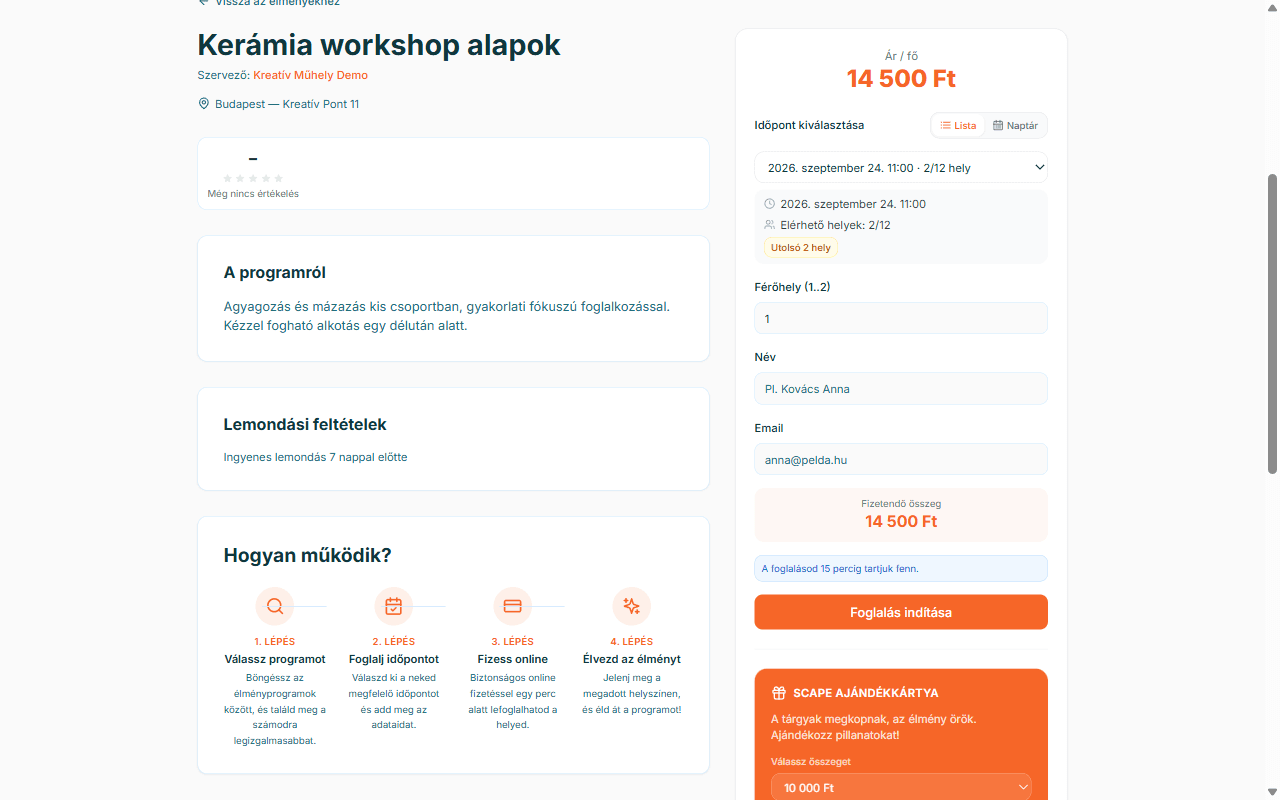 Programme detail and booking sidebar: Experience context, session availability and a bounded booking entry point. Demo data; publication capture redacts any identifying or token-shaped values.