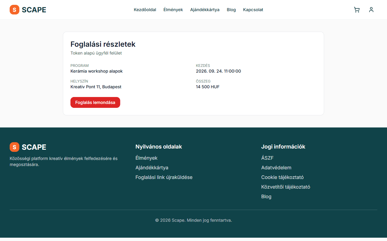 Tokenized booking view: Private, expiring single-booking management without a conventional customer account. Demo data; token and all personal data redacted.