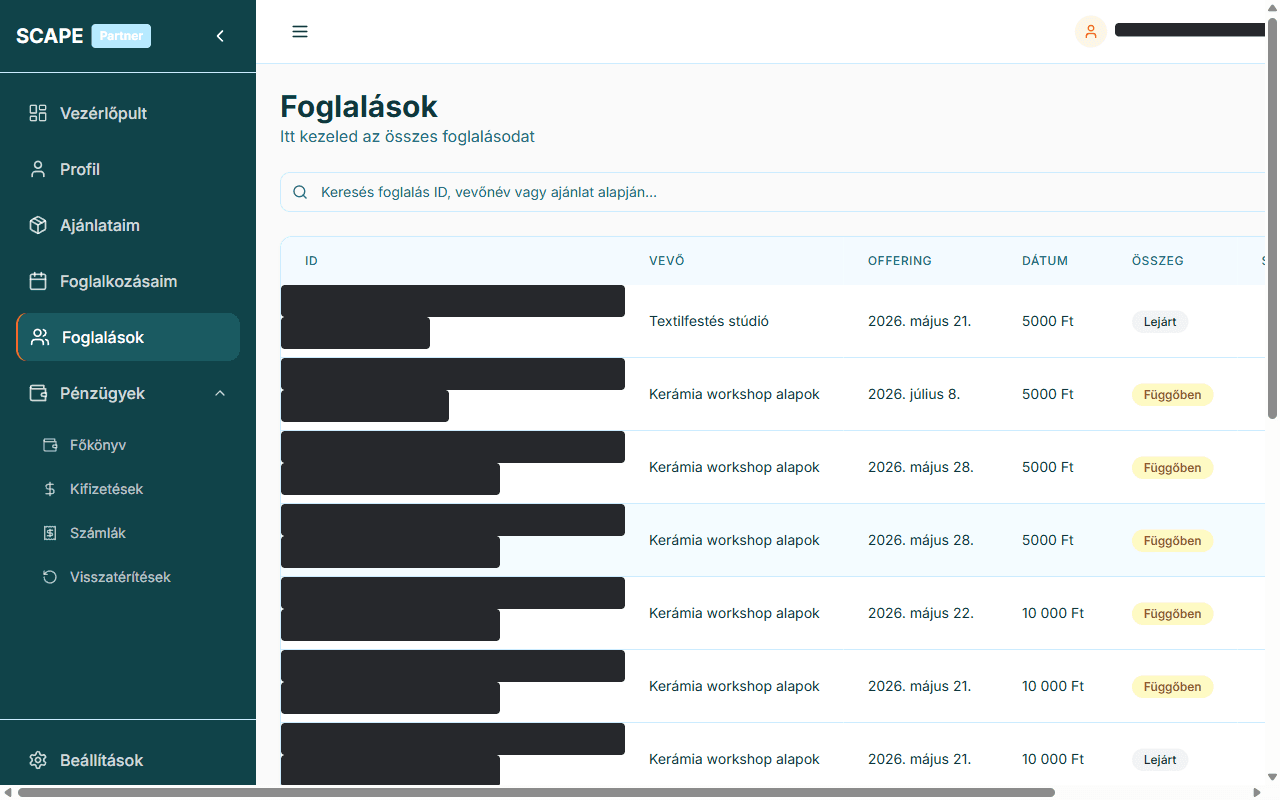 Partner bookings: Attendee-level operational visibility with bounded partner actions. Demo data; seeded names, emails, phone numbers and any identifying strings redacted.